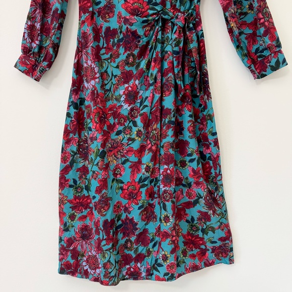 Talbots Side Tie Long Sleeve Midi Dress in Teal and Red Floral Dress, Size 8 EUC - Picture 11 of 16